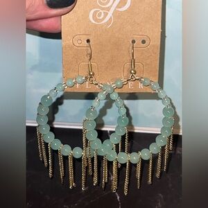 Plunder Mint Green Beaded Hoop Earrings with Gold Fringe